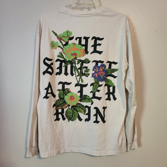 Bershka "THE SMELL AFTER RAIN" floral Men's Long Sleeve T shirt Size M off white - Picture 4 of 7